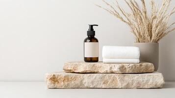 Rustic cosmetic bottle on stone with towel and dried grass decor photo