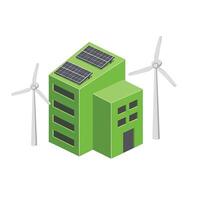 A green building with wind turbines and solar panels vector