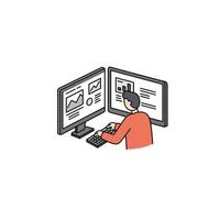 A man is working on a computer with a monitor vector