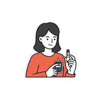 A woman holding a cell phone and a bottle of medicine vector