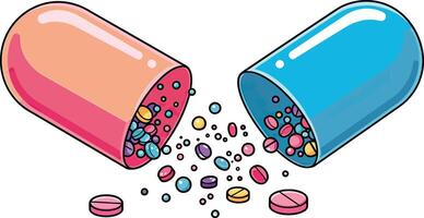 Two pills spilling out of a pill bottle vector