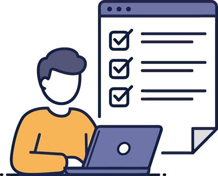 Man working on laptop with checklist vector