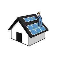 A man is standing on the roof of a house with solar panels vector