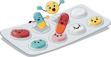Cartoon pills in a pill tray illustration vector