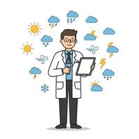 Meteorologist With Weather Symbols on a White Background vector
