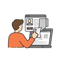 A man is using a laptop to look at a person vector