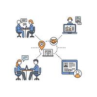 A group of people sitting at a table with a laptop and a map vector