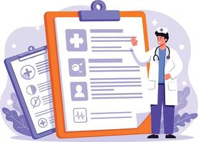 A doctor is standing next to a clipboard with medical information vector