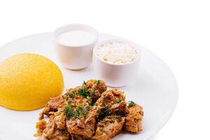 Savory meat dish served with rice and creamy sauce on white plate photo