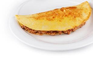 Close up Delicious omelette filled with minced meat lying on a plate photo