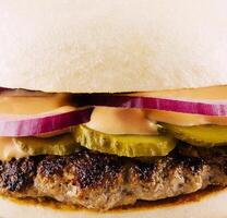 Gourmet burger with sauces and pickles photo
