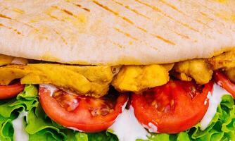 Close-up view of a delicious grilled chicken panini with fresh vegetables photo