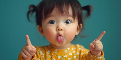 Cute toddler making funny face and sticking out tongue with playful expression in indoor setting photo