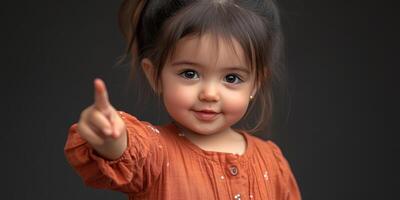 Young girl with playful expression gestures while wearing an orange dress in a cozy indoor setting during afternoon light photo