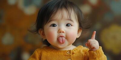 Cute baby with dark hair sticking out tongue and raising finger indoors during daytime in cozy sweater photo