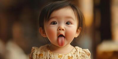 Cute toddler sticks out tongue while wearing light-colored dress in a playful moment indoors during the afternoon photo