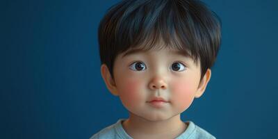 Child with expressive eyes gazing directly at the viewer against a solid blue background photo