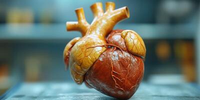 Detailed anatomical model of a human heart showcasing arteries and veins on a laboratory table photo