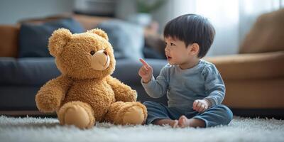 Child interacts with teddy bear in cozy living room during afternoon playtime photo