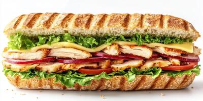 Grilled chicken sandwich with lettuce, tomato, cheese, and grilled bread served on a white background photo