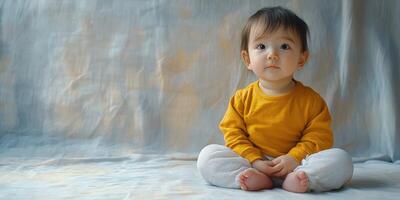 Cute baby sitting on soft surface wearing a bright yellow top and white pants with a thoughtful expression in a calm setting photo