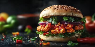 Delicious spicy chicken sandwich served with fresh vegetables in a gourmet setting photo