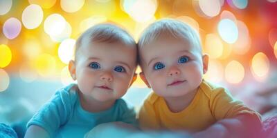 Adorable twins with bright blue eyes smiling against a colorful, softly blurred background during a cheerful indoor setting photo