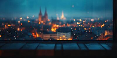 Nighttime cityscape with raindrop reflections from a window overlooking a vibrant urban skyline photo