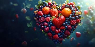 Heart-shaped arrangement of fresh fruits on a dark background celebrating health and nature's bounty photo
