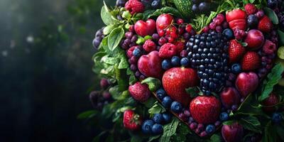 Heart-shaped arrangement of fresh fruits in vibrant colors showcases nature's bounty photo