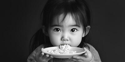 Young child eating rice from a plate with an adorable expression in a soft, warm setting photo