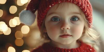 Cute child wearing a red Santa hat and sweater poses in front of a holiday tree adorned with lights and decorations photo