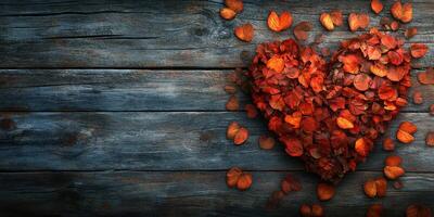 Heart-shaped arrangement of autumn leaves on rustic wooden surface creates a warm and inviting atmosphere photo