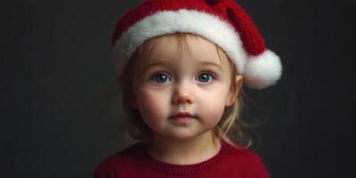 Young child wearing a festive Santa hat poses warmly in a cozy setting during the holiday season photo