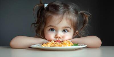 Little girl enjoys a meal with a thoughtful expression while resting her chin on her hands at home during daytime photo
