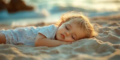 Child peacefully sleeping on the sandy beach during a warm sunset, surrounded by tranquil ocean waves photo