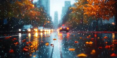 Rainy autumn day in the city with colorful leaves and soft lights reflecting on wet pavement photo