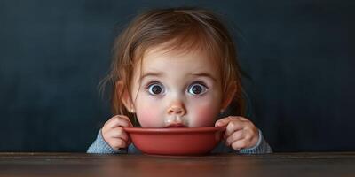 Child curiously peeking over a bowl while resting on a wooden table indoors photo