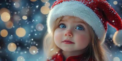 Young child in a festive red hat gazes at falling snow under twinkling lights during the holiday season photo