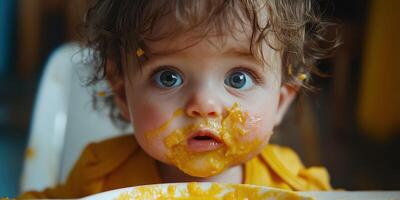 Baby enjoying a messy meal with yellow food while seated in a high chair at home photo