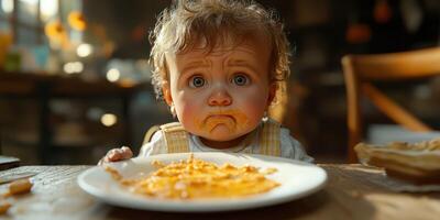 Cute baby enjoys messy meal with orange food on plate in cozy kitchen setting during daytime photo