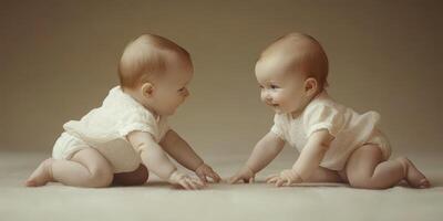 Infants crawling and interacting with each other in a warm, softly lit environment indoors photo