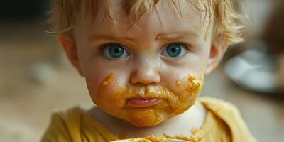 Curious toddler explores food in messy playtime adventure at home during afternoon photo