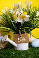 Easter background with yellow flowers colorful eggs and inscription card Happy Easter Vertical photo