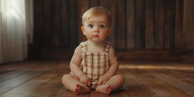 Curious baby sitting on wooden floor in cozy indoor setting with natural light in the morning photo
