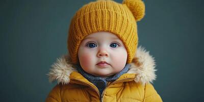 Cute baby wearing a yellow knitted hat and warm winter coat poses for a close-up against a blue backdrop photo