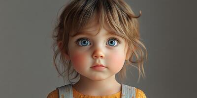 Realistic portrait of a young child with big blue eyes and tousled hair in a softly lit indoor setting photo