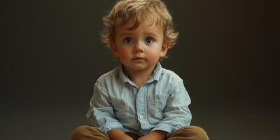 Young child with curly hair and expressive eyes sitting on the floor in a neutral-toned setting, showcasing innocence and curiosity photo