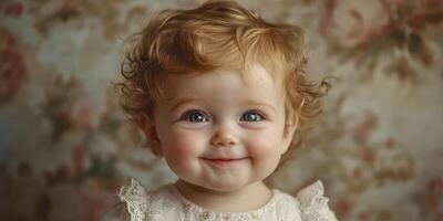 Cute baby with curly red hair smiling against a floral background in a soft, warm light during daytime photo
