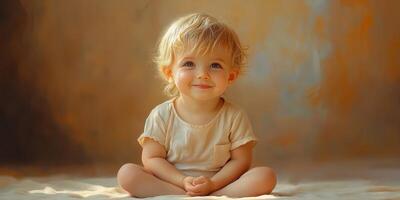Bright-eyed toddler sitting cross-legged on soft surface with a joyful expression in a warm, artistic setting photo